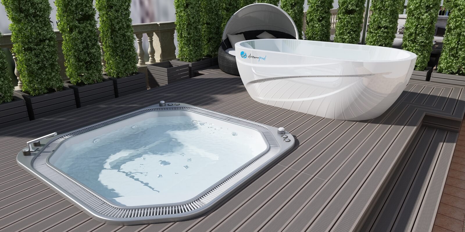 Dreampod cold plunge on deck with hot tub